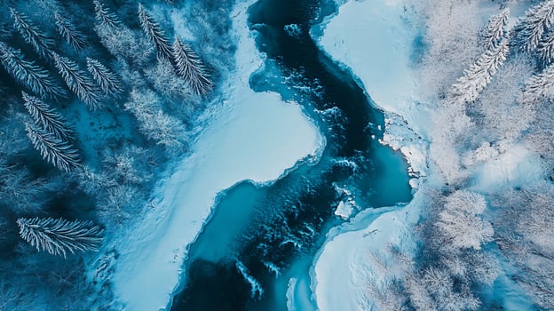 A blue river with trees in the background photo
