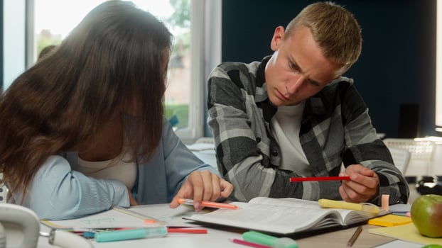 Two Caucasian girl guy teenage students high school pupils friends man woman female male studying learning book homework task lesson university college class study talk classmates cooperate education photo