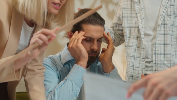 Business team disagreement argue conflict office coworking group angry toxic men women female male architects shout scream quarrel misunderstanding documents problem tired man colleague feel stress photo