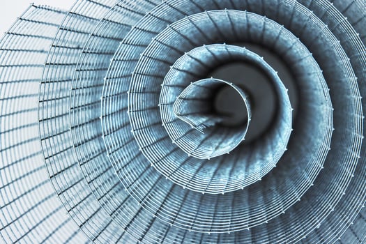 Abstract spiral metal coiled wire mesh with grid pattern, geometric symmetry, modern minimal design for industrial construction, diy, architectural concepts. Isolated on white background. Copy space photo