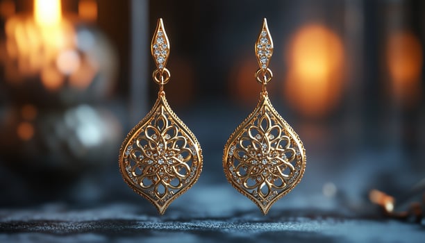 Golden earrings with diamonds on a dark background photo