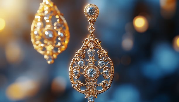 Gold earrings with diamonds on a blue background photo