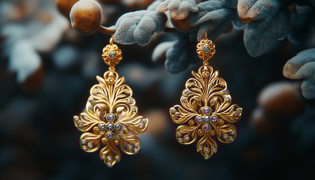 Gold earrings with blue stones on a branch photo