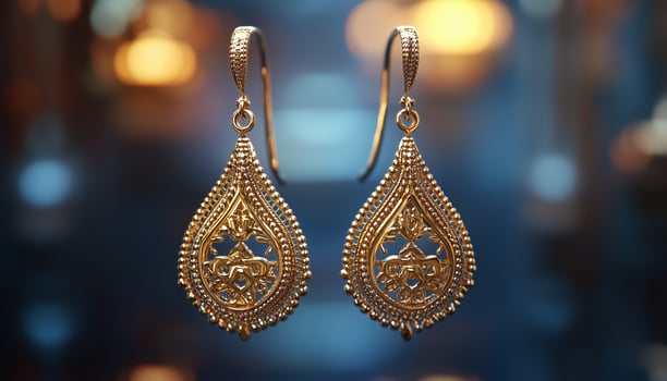 Gold earrings on a blurred background photo