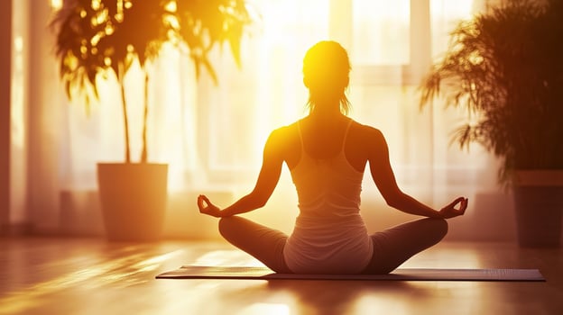 A woman is sitting in a yoga position with the sun shining behind her photo