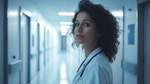 Confident Female Doctor Standing in Hospital Corridor photo