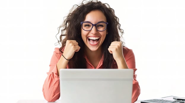 Happy Woman Working from Home at Desk with a Big Smile photo