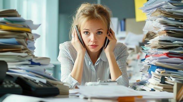 Focused Female Accountant Engaged in a Phone Call Amidst Papers photo