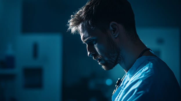 A man in a blue scrubs is looking at something photo
