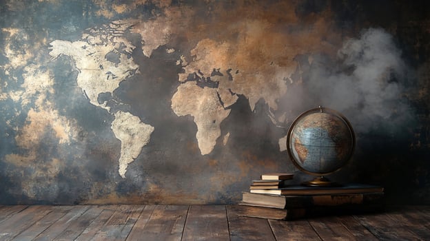 A globe sits on top of a stack of books in front of a wall with a map of the wor photo