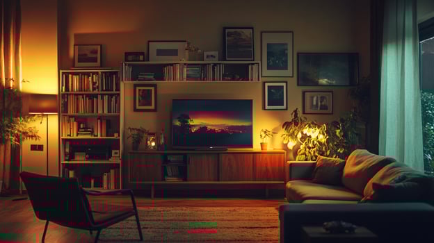 A living room with a television on a wooden entertainment center photo