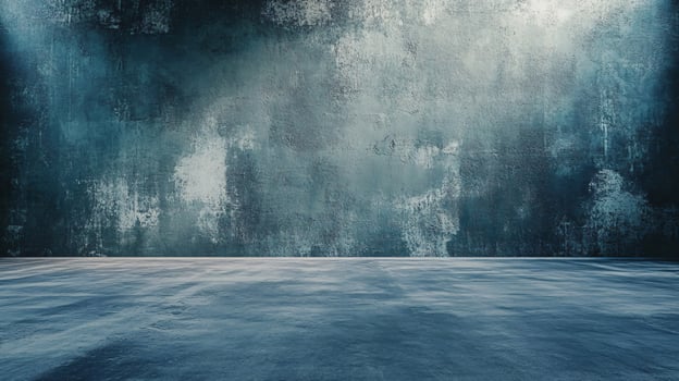 A large, empty room with a blue wall photo