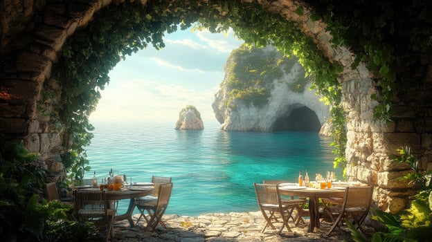Luxury seaside restaurant offering breathtaking ocean views in a idyllic cove photo