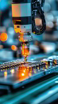 Robotic arm working on circuit board in modern factory photo