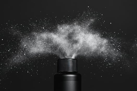 Black Aerosol Can Producing a Powder Cloud Against a Light Background photo