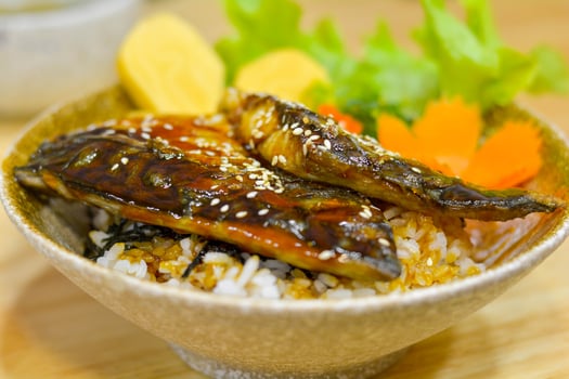 Japanese food. Grilled saba fish in teriyaki sauce with rice in a bowl. photo