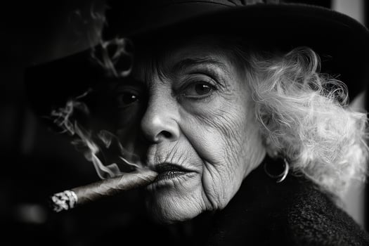 Elderly Woman Exudes Gangster Vibe While Smoking, Perfect for Lifestyle and Culture Themes photo
