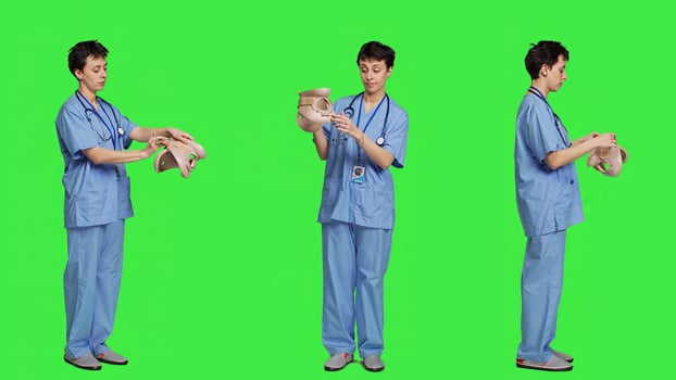 Specialist presenting cervical neck collar used for physical therapy and trauma after an accident or fracture, greenscreen backdrop. Nurse shows orthopedics brace to help with spine injury. Camera A. photo