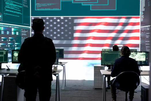 US military man supervising threat detection activity in high tech office, examining top secret data on big screen. Governmental soldiers managing hybrid war, cyber attack prevention. photo