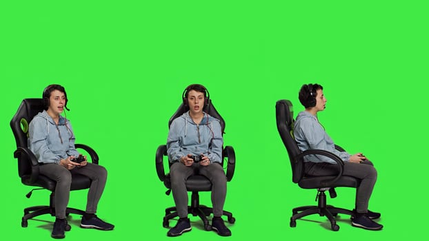Person winning games online tournament with her friends, connecting with people on audio headset and playing e sport competition. Woman player celebrating gaming success. Camera A. photo