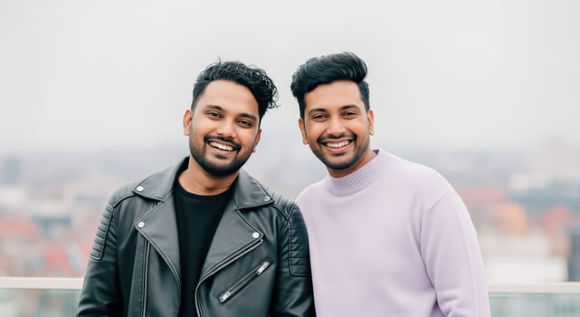 Two young south asian males smiling outdoors with urban skyline in background photo