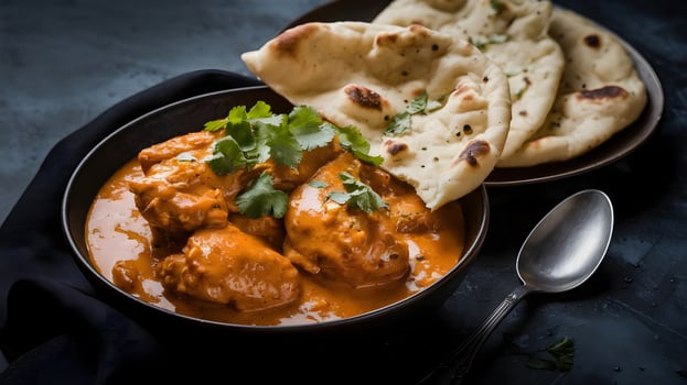 Indian chicken curry with naan bread photo