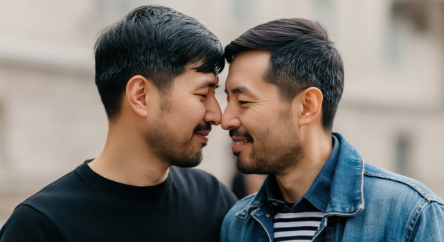 Joyful asian couple embracing with affection in urban setting for relationship concept photo