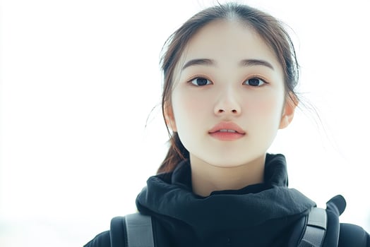 A young woman with a backpack and a black jacket photo