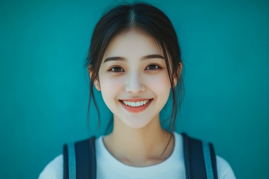 A beautiful young woman with a backpack smiling photo