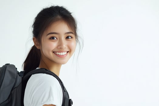 Asian woman with backpack smiling photo