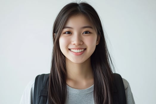 Asian young woman with backpack smiling photo