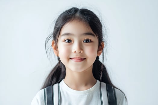 A little girl with long hair wearing a backpack photo