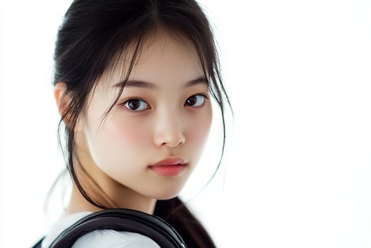 A young woman with a backpack and a white shirt photo