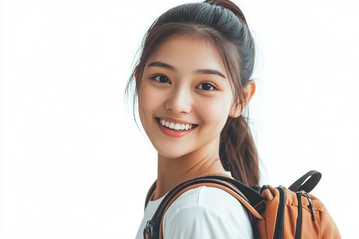 A young woman with a backpack smiling photo