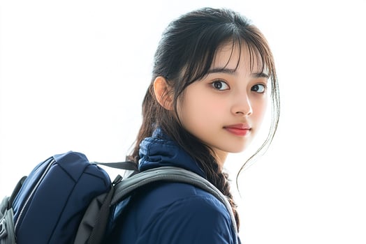 A young woman with a backpack and a blue jacket photo
