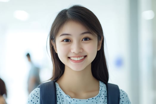A young asian woman with a backpack smiling photo