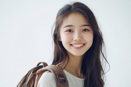 A young woman with a backpack smiling photo
