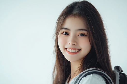 A young woman with a backpack smiling photo