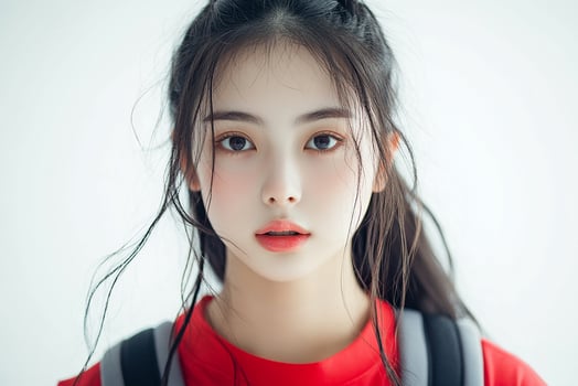 A girl with long hair and a backpack photo