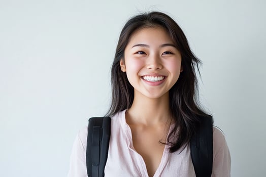 Asian woman with backpack smiling photo