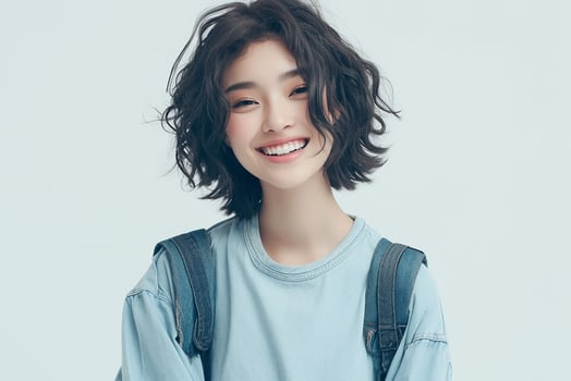 A young woman with a backpack smiling photo
