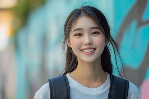 Asian girl smiling with backpack in front of graffiti wall photo