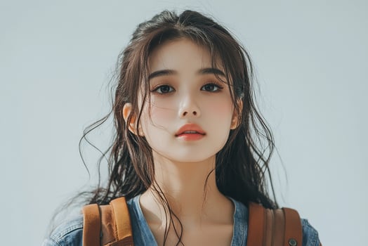 A beautiful young woman with long hair and a backpack photo