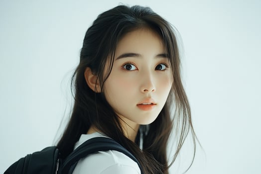 A young woman with long hair and a backpack photo