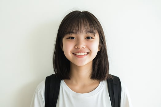 Asian girl smiling with backpack photo
