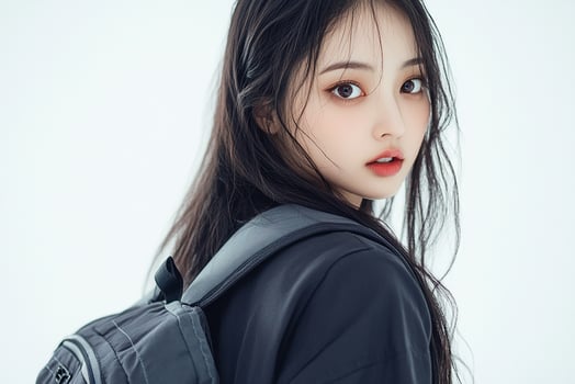 A young woman with long hair and a backpack photo