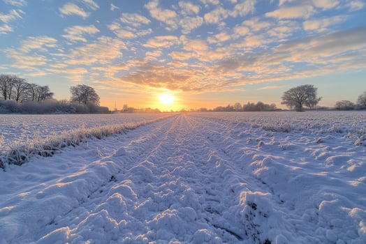 Snow covered field at sunrise illuminating a beautiful winter landscape photo