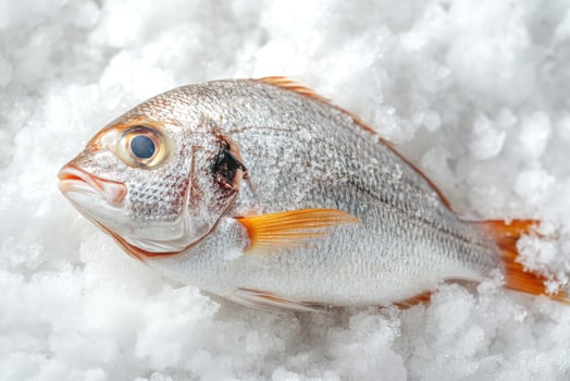 Fresh fish lying on a bed of ice in fish market stall photo