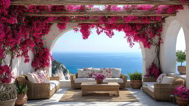 Bougainvillea decorating luxury patio overlooking tranquil ocean in positano photo