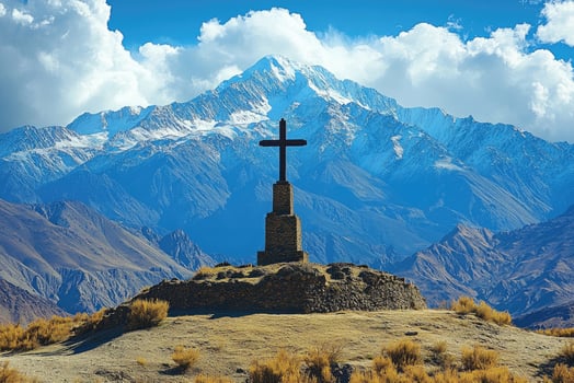 Large cross standing on hill overlooking majestic snow-capped mountains photo